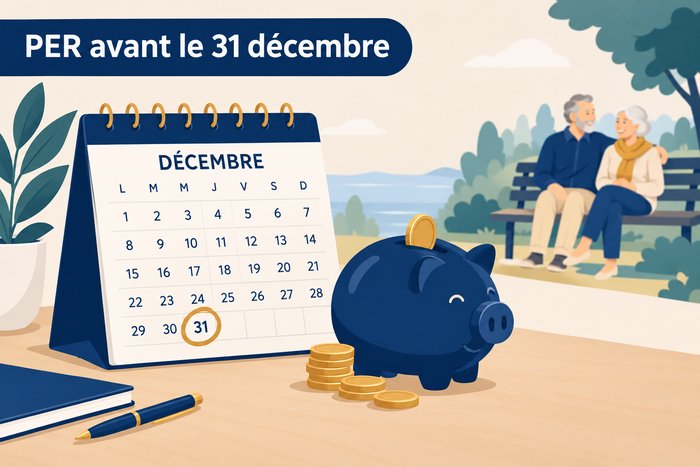Calendrier de décembre avec le 31 entouré, tirelire et pièces, couple de retraités en arrière-plan